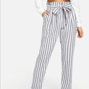 Vertical striped frill belted pants